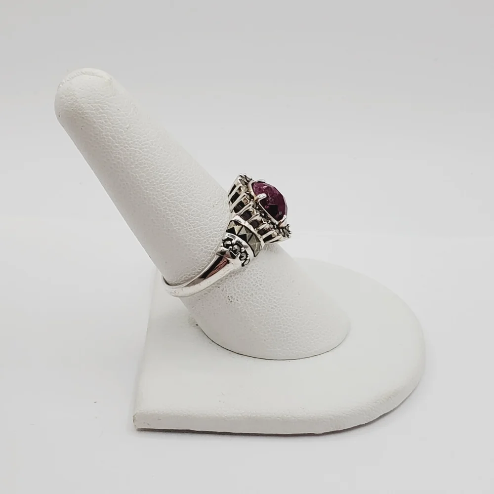 Genuine Checkerboard Cut Oval Ruby & Marcasite 925 Sterling Silver Halo …